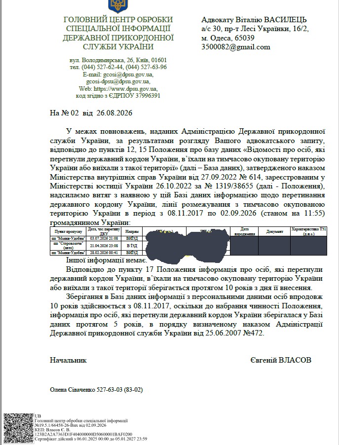 Довідка ДПСУ від 02.09.2026 з трьома перетинами кордону через пункти пропуску Маяки-Удобне і Старокозаче